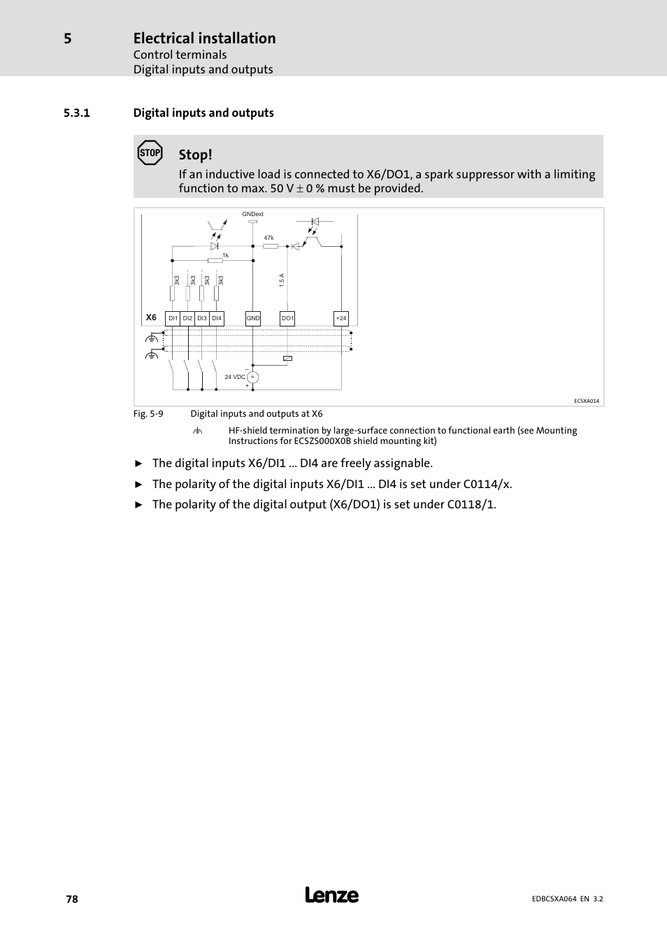 1 digital inputs and outputs, Digital inputs and outputs, Electrical installation | Stop | Lenze ECSCAxxx User Manual | Page 78 / 483
