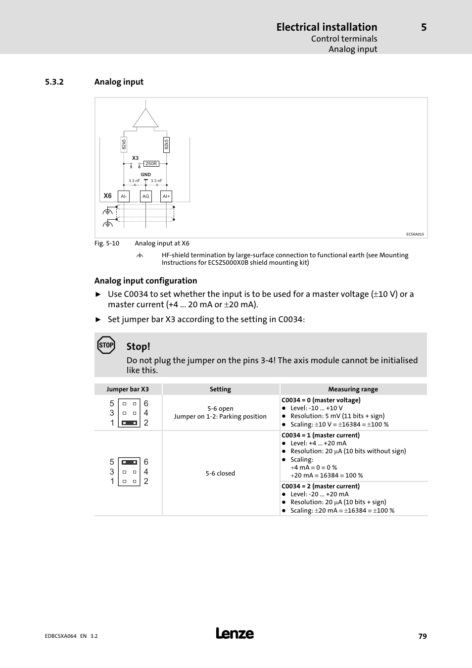 2 analog input, Analog input, Electrical installation | Stop | Lenze ECSCAxxx User Manual | Page 79 / 483