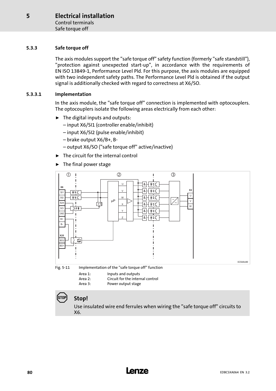 3 safe torque off, Safe torque off, Electrical installation | Stop, Control terminals safe torque off, The circuit for the internal control, The final power stage | Lenze ECSCAxxx User Manual | Page 80 / 483