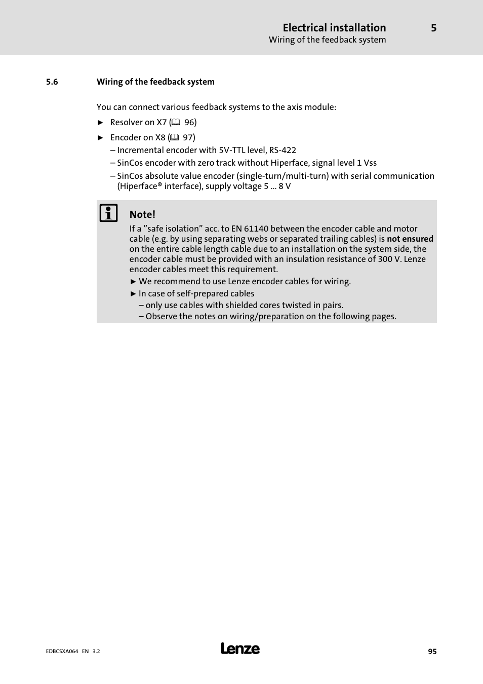 6 wiring of the feedback system, Wiring of the feedback system | Lenze ECSCAxxx User Manual | Page 95 / 483