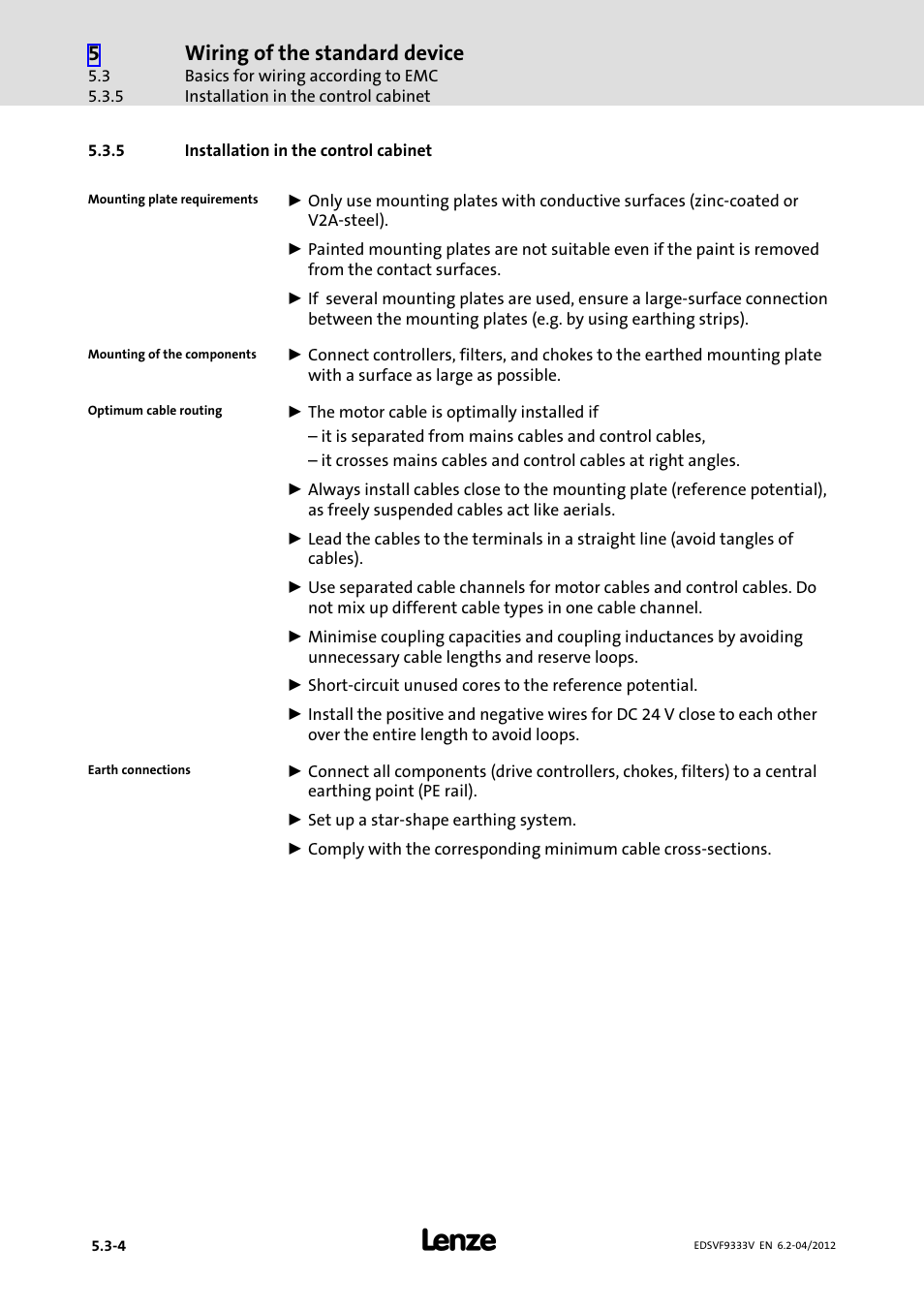 5 installation in the control cabinet, Installation in the control cabinet, Wiring of the standard device | Lenze EVF9333−xV User Manual | Page 100 / 508