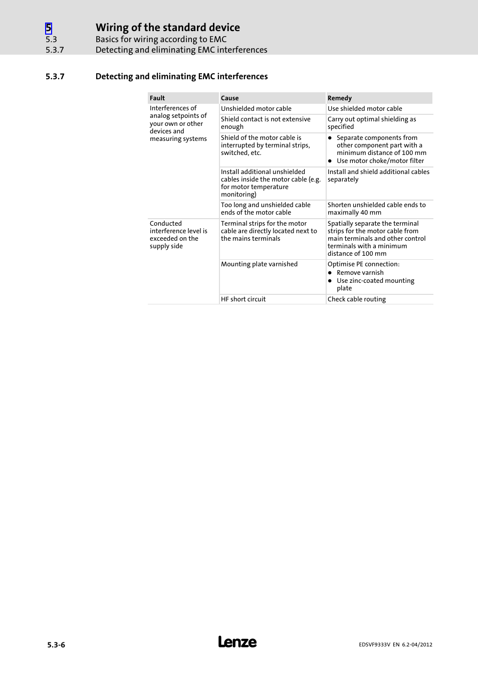 7 detecting and eliminating emc interferences, Detecting and eliminating emc interferences, Wiring of the standard device | Lenze EVF9333−xV User Manual | Page 102 / 508