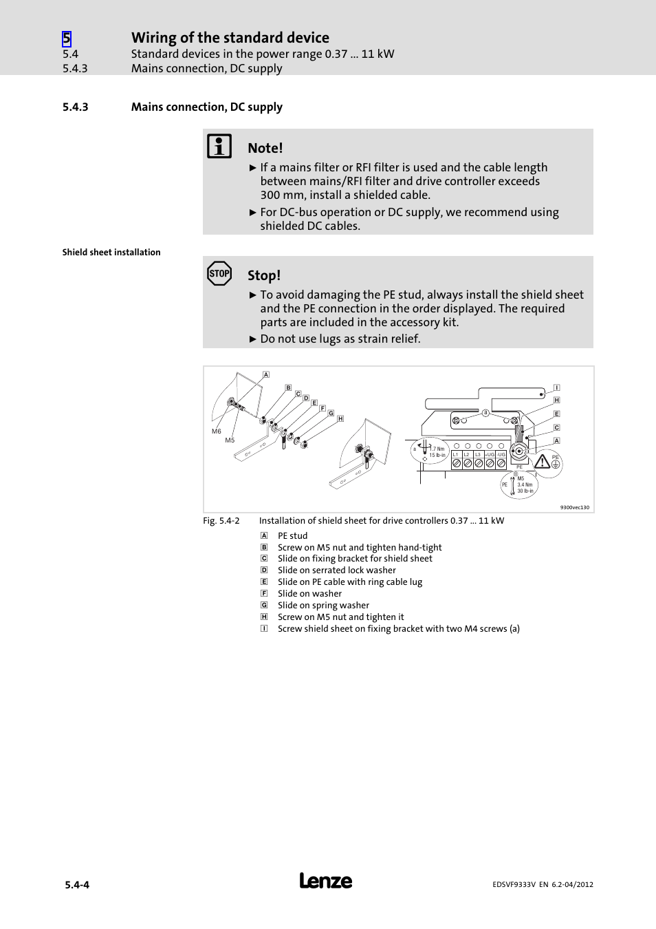 3 mains connection, dc supply, Mains connection, dc supply, Wiring of the standard device | Stop | Lenze EVF9333−xV User Manual | Page 106 / 508