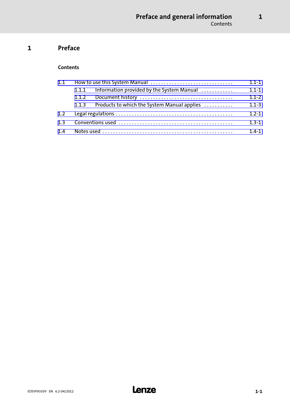 1 preface, Preface, Preface and general information | 1preface | Lenze EVF9333−xV User Manual | Page 11 / 508