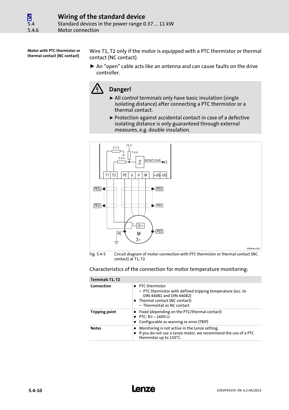 Wiring of the standard device, Danger | Lenze EVF9333−xV User Manual | Page 112 / 508