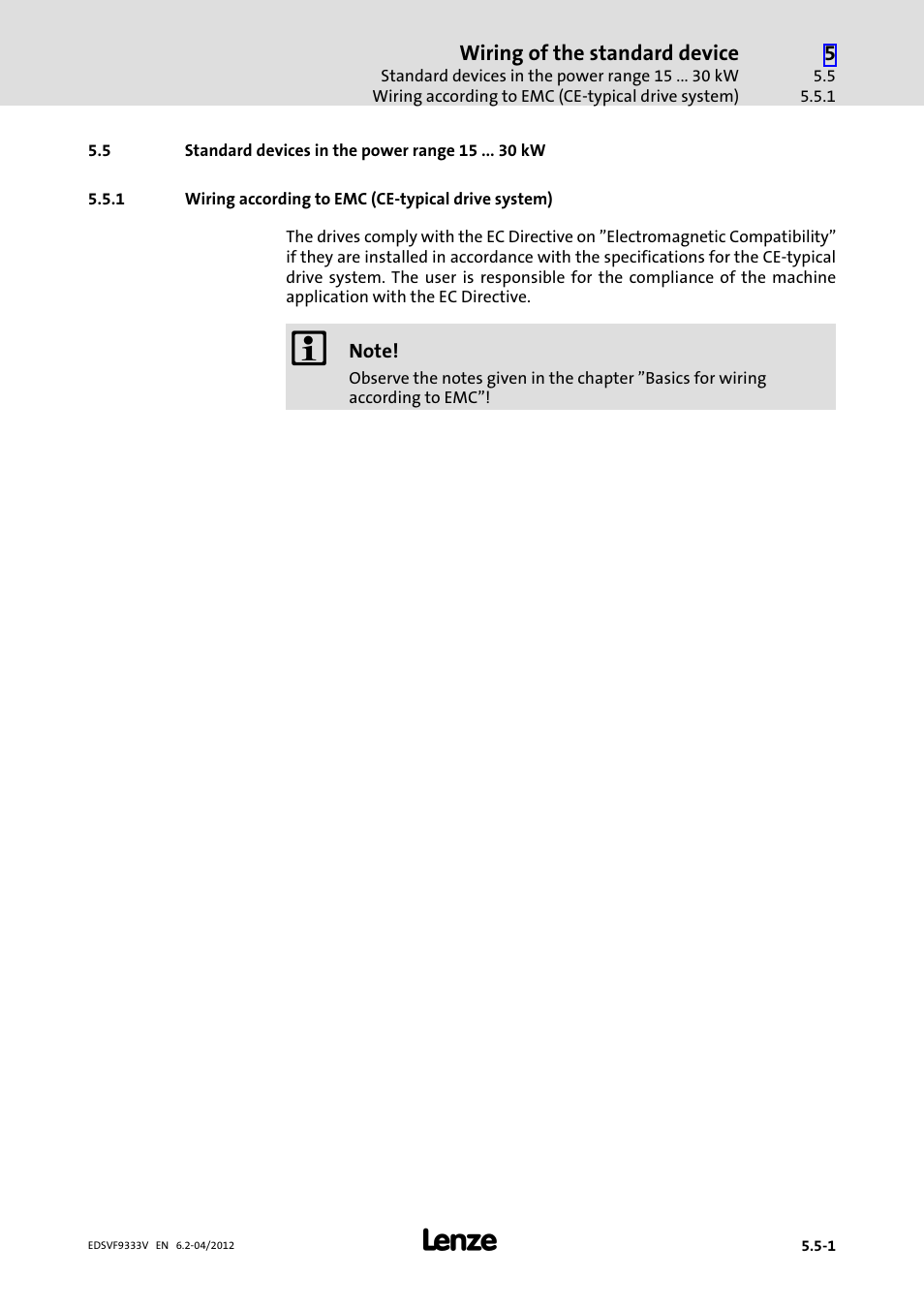 5 standard devices in the power range 15 kw, Standard devices in the power range 15 kw, Wiring according to emc (ce−typical drive system) | Lenze EVF9333−xV User Manual | Page 117 / 508