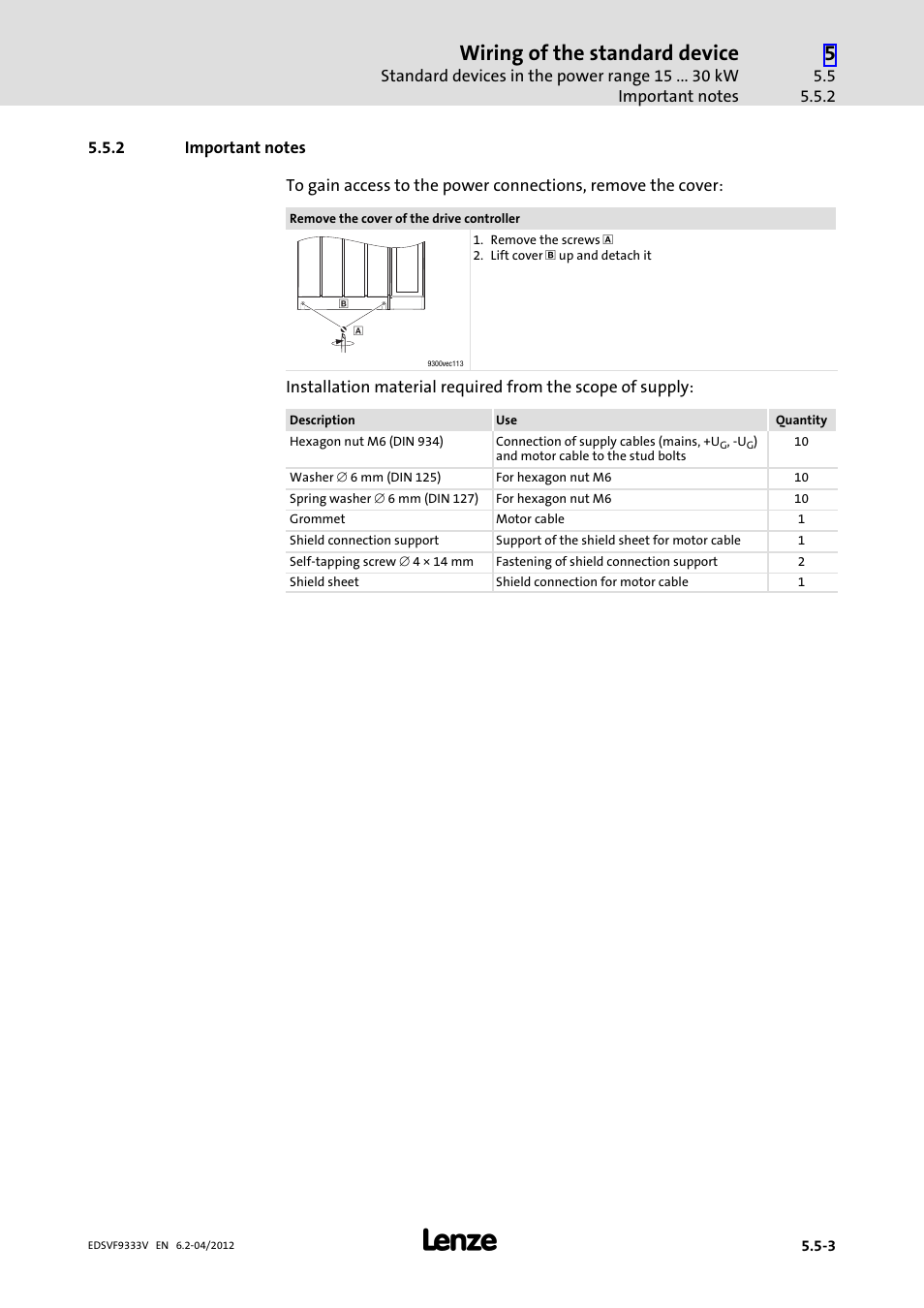 2 important notes, Important notes, Wiring of the standard device | Lenze EVF9333−xV User Manual | Page 119 / 508