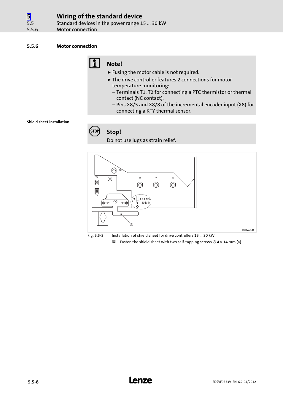 6 motor connection, Motor connection, Wiring of the standard device | Stop | Lenze EVF9333−xV User Manual | Page 124 / 508
