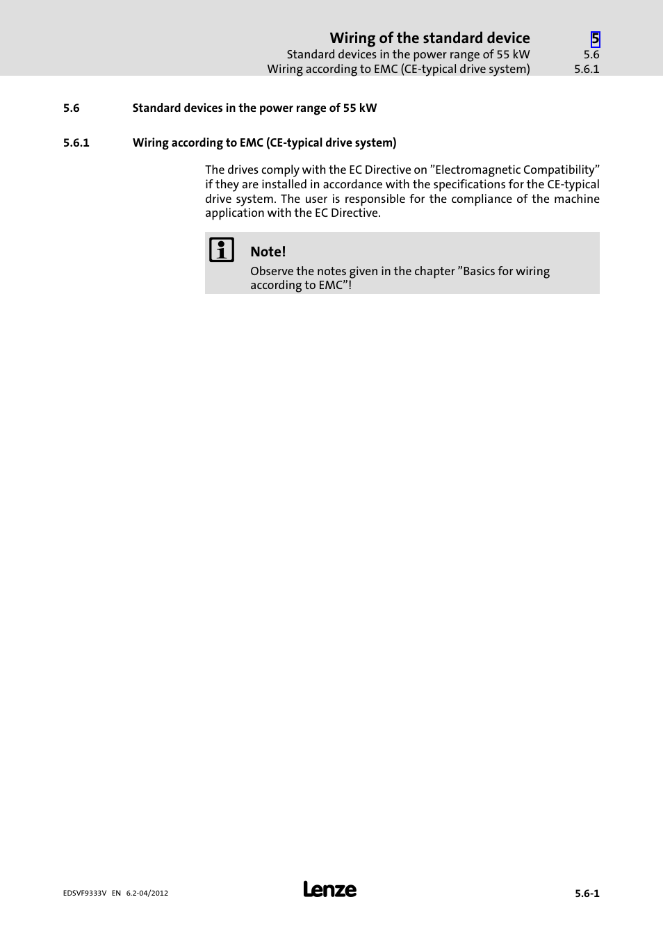 6 standard devices in the power range of 55 kw, Standard devices in the power range of 55 kw, Wiring according to emc (ce−typical drive system) | Lenze EVF9333−xV User Manual | Page 129 / 508