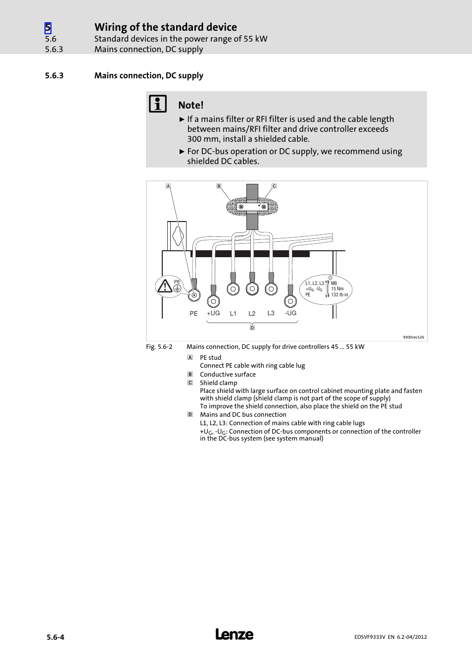 3 mains connection, dc supply, Mains connection, dc supply, Wiring of the standard device | Lenze EVF9333−xV User Manual | Page 132 / 508