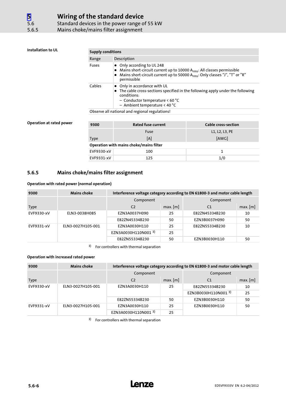 5 mains choke/mains filter assignment, Mains choke/mains filter assignment, Wiring of the standard device | Lenze EVF9333−xV User Manual | Page 134 / 508