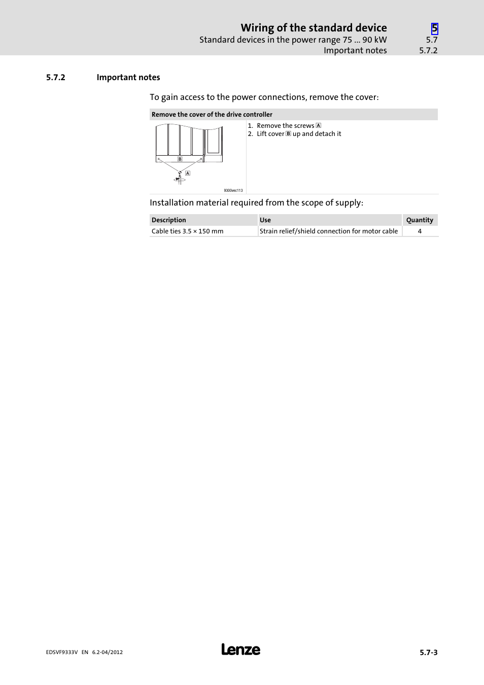 2 important notes, Important notes, Wiring of the standard device | Lenze EVF9333−xV User Manual | Page 141 / 508
