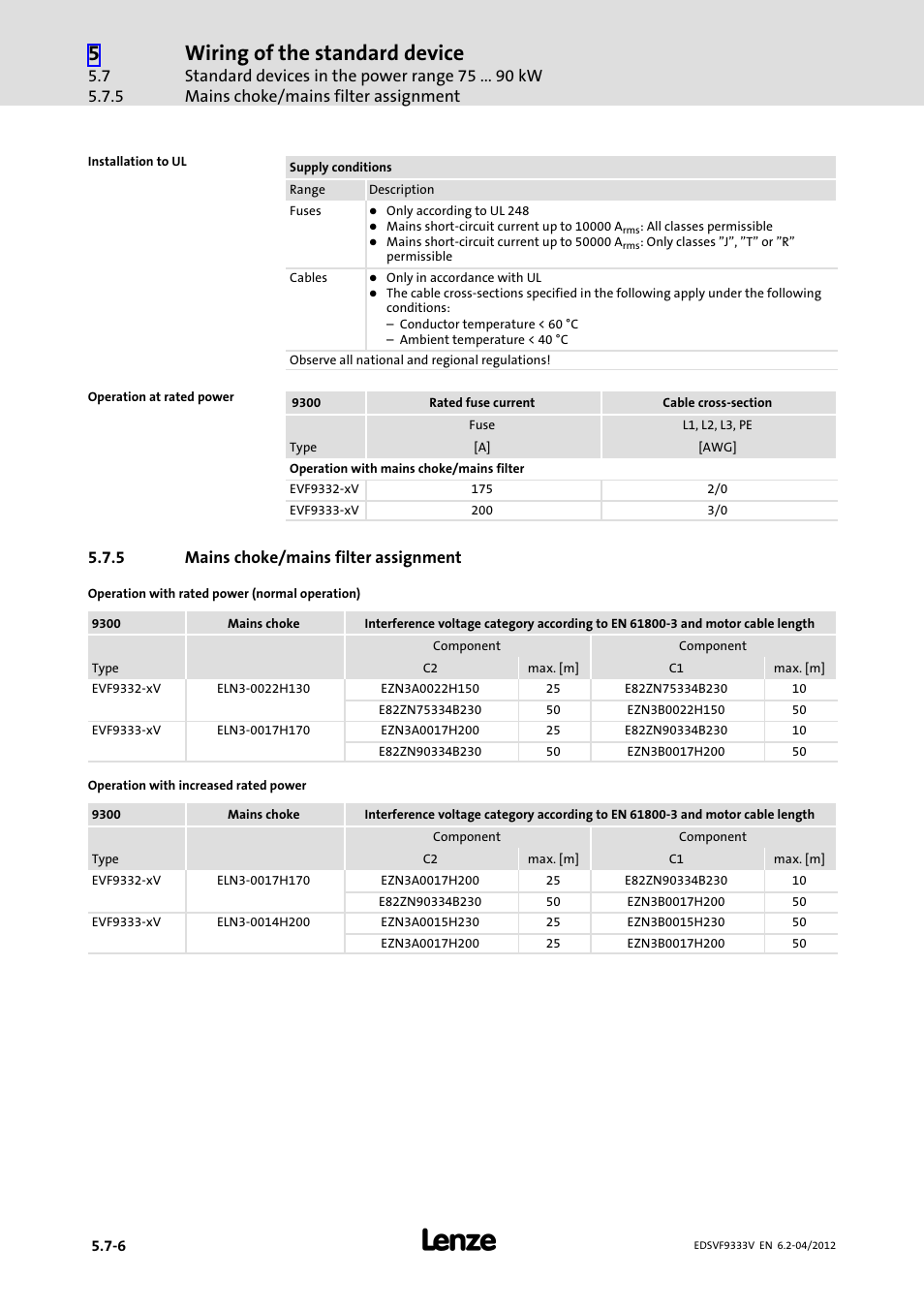 5 mains choke/mains filter assignment, Mains choke/mains filter assignment, Wiring of the standard device | Lenze EVF9333−xV User Manual | Page 144 / 508