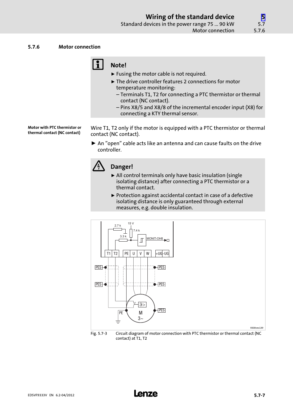 6 motor connection, Motor connection, Wiring of the standard device | Danger | Lenze EVF9333−xV User Manual | Page 145 / 508