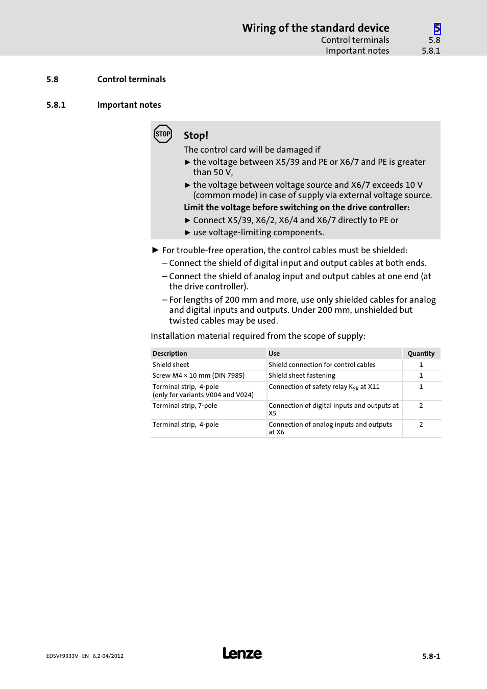 8 control terminals, 1 important notes, Control terminals | Important notes, Wiring of the standard device, Stop | Lenze EVF9333−xV User Manual | Page 149 / 508
