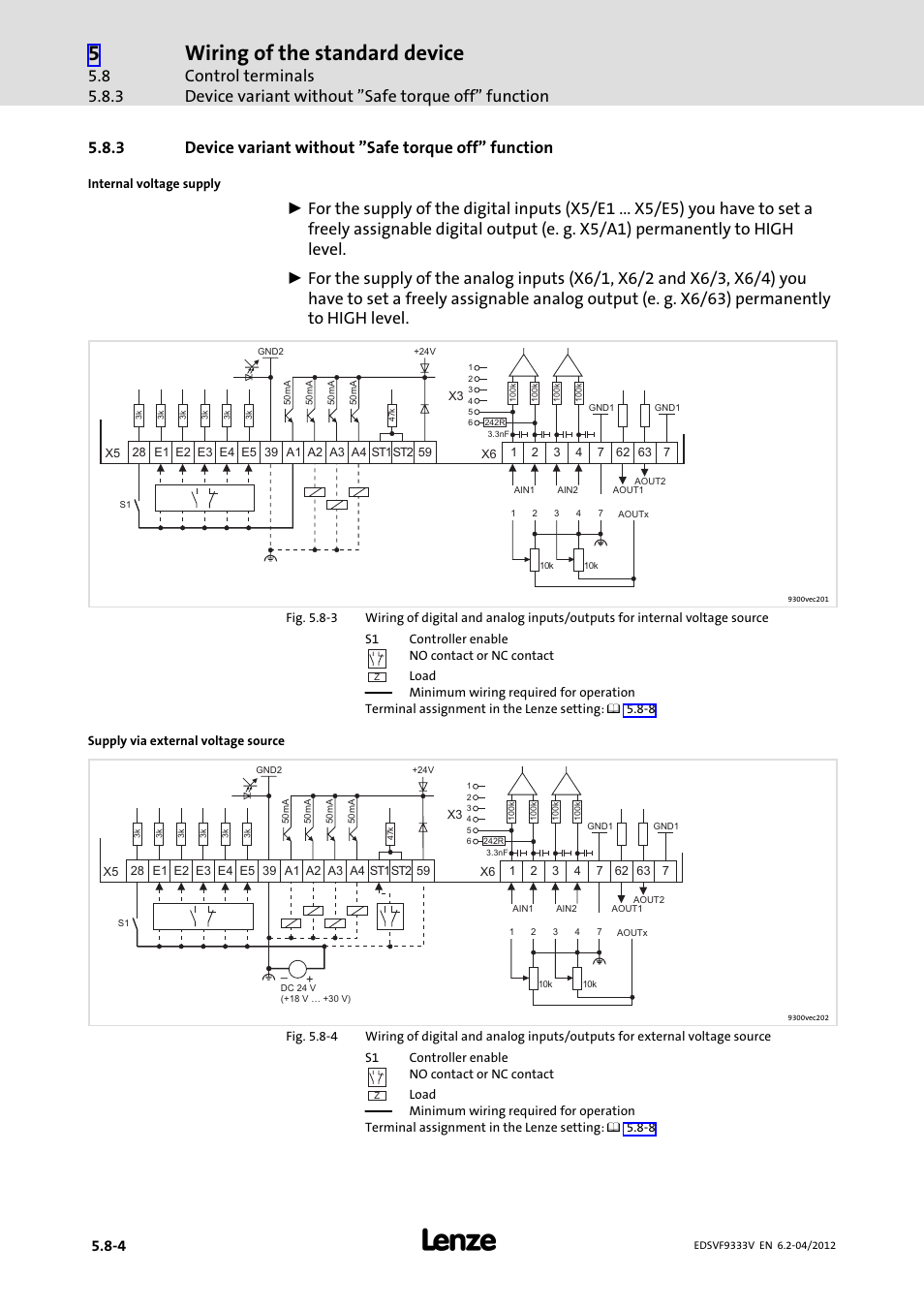 Device variant without "safe torque off" function, Wiring of the standard device | Lenze EVF9333−xV User Manual | Page 152 / 508