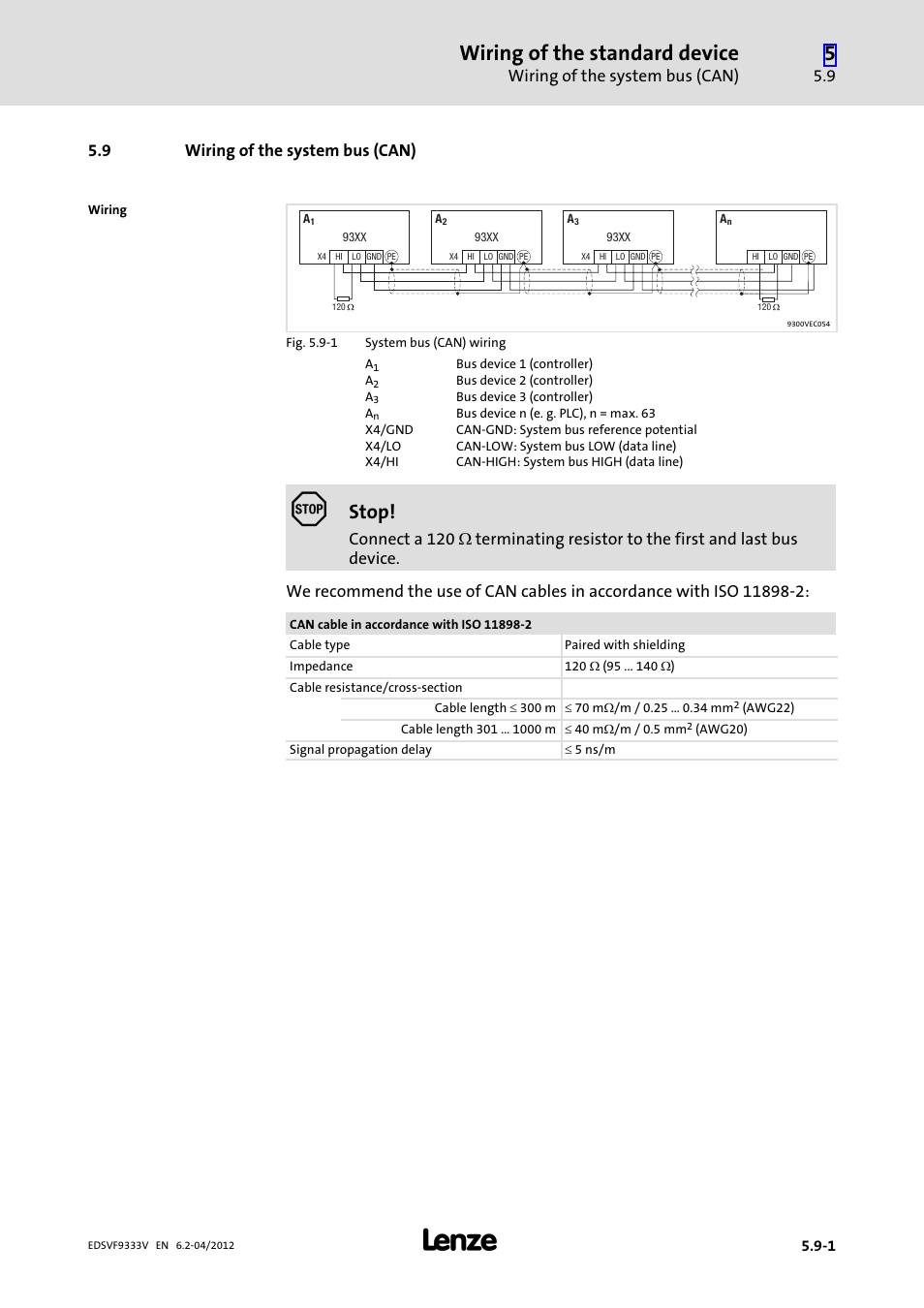 9 wiring of the system bus (can), Wiring of the system bus (can), Wiring of the standard device | Stop | Lenze EVF9333−xV User Manual | Page 157 / 508