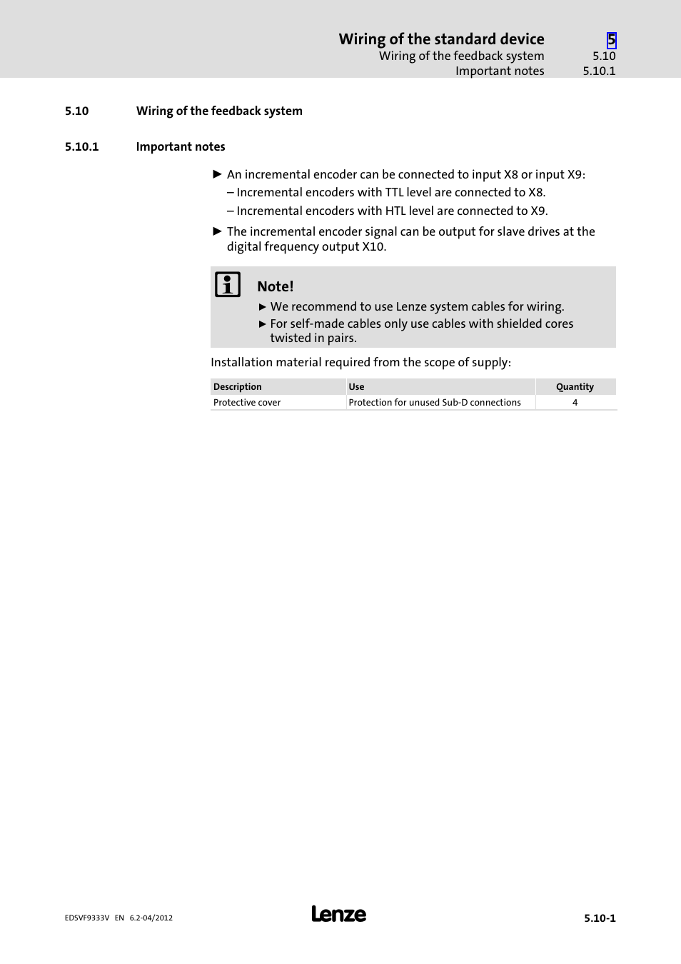 10 wiring of the feedback system, 1 important notes, Wiring of the feedback system | Important notes, Wiring of the standard device | Lenze EVF9333−xV User Manual | Page 159 / 508