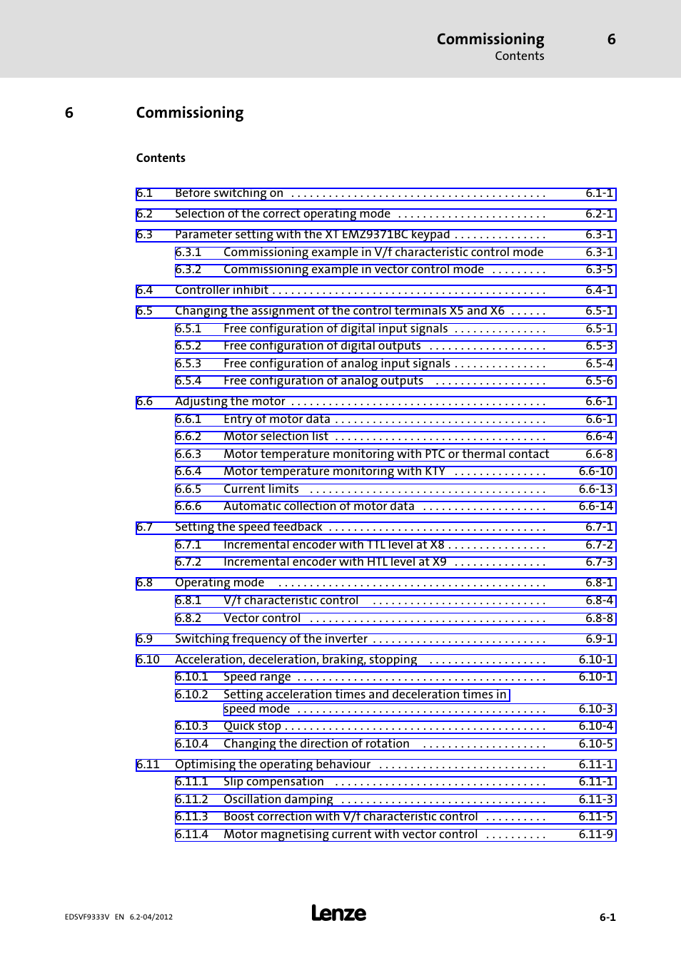 6 commissioning, Commissioning, 6commissioning | Lenze EVF9333−xV User Manual | Page 167 / 508