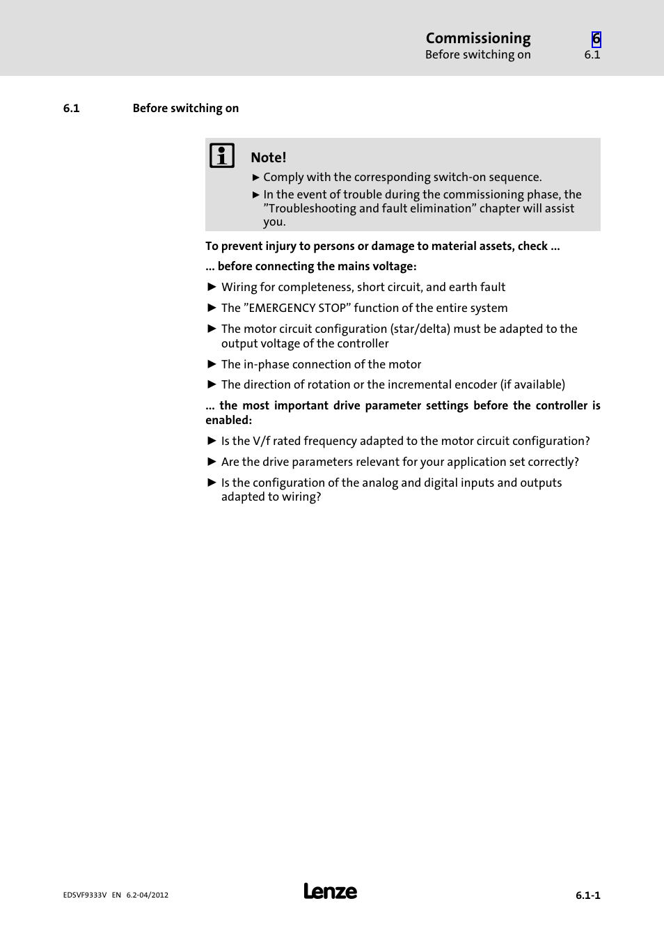 1 before switching on, Before switching on | Lenze EVF9333−xV User Manual | Page 169 / 508