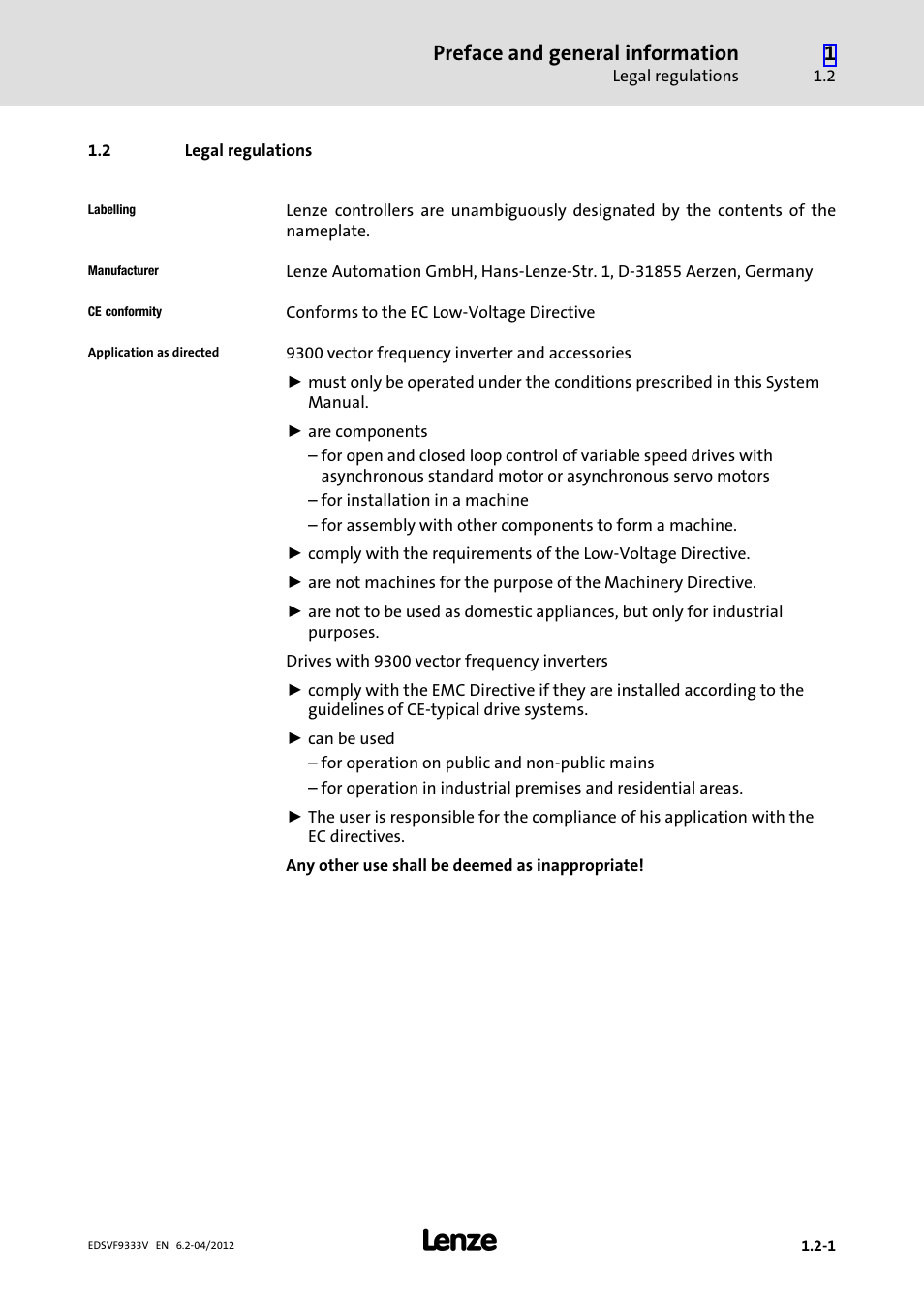 2 legal regulations, Legal regulations, Preface and general information | Lenze EVF9333−xV User Manual | Page 17 / 508