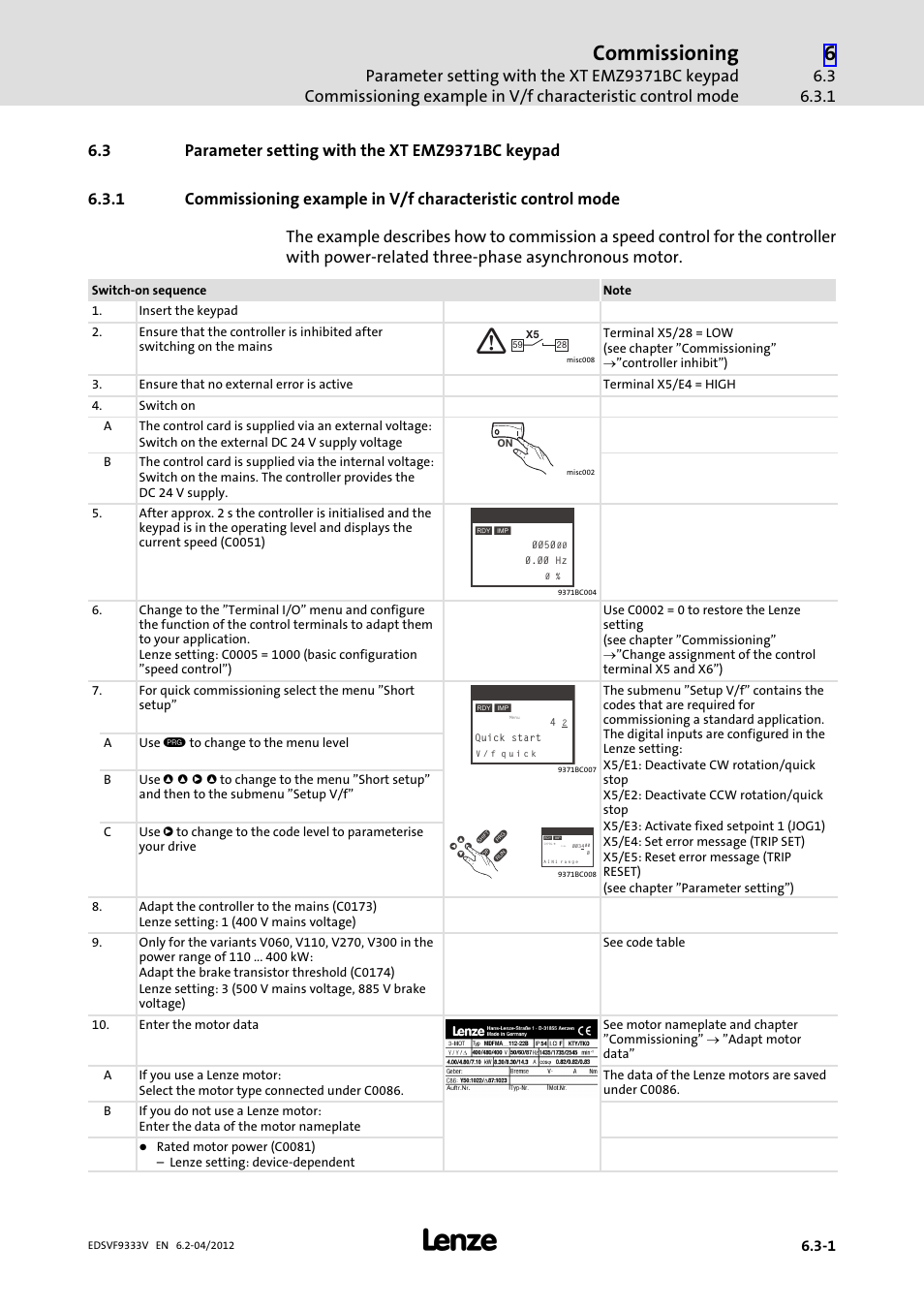 3 parameter setting with the xt emz9371bc keypad, Parameter setting with the xt emz9371bc keypad, Commissioning | Lenze EVF9333−xV User Manual | Page 173 / 508