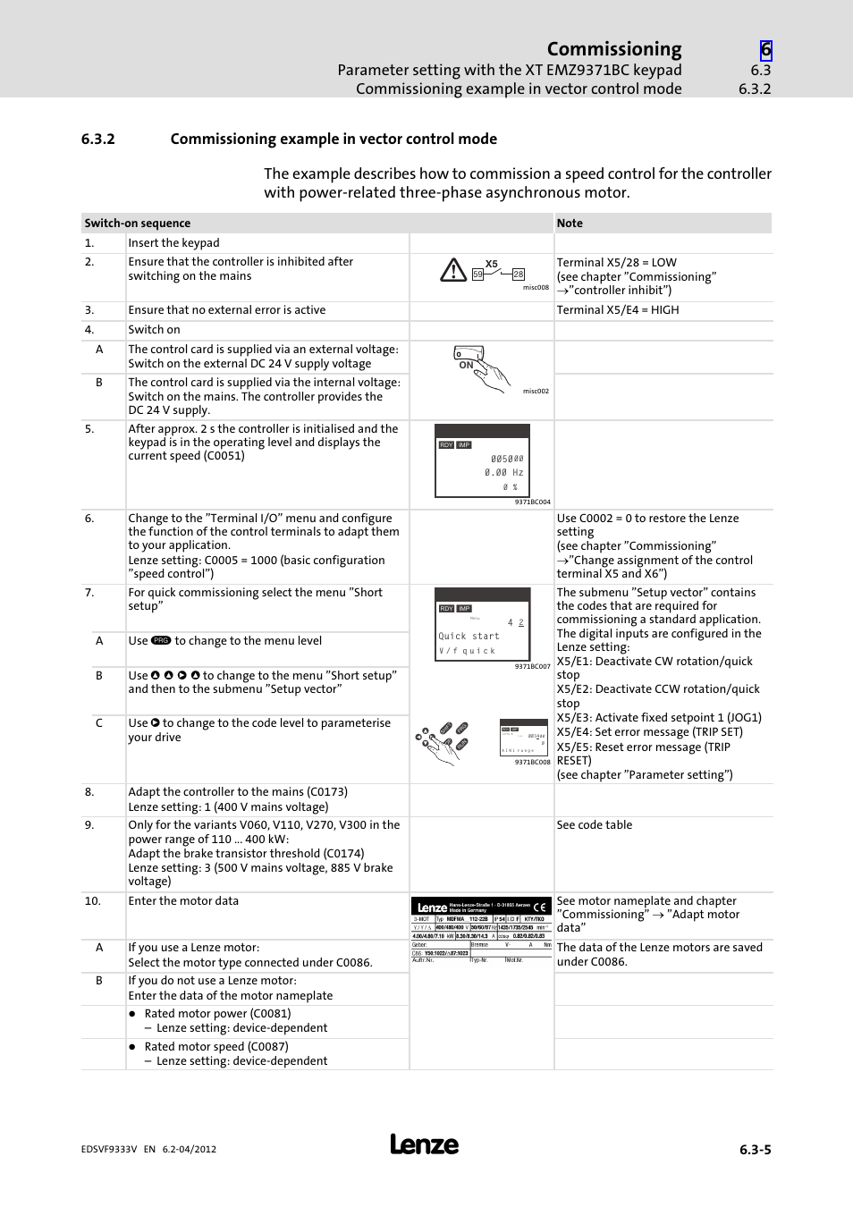 2 commissioning example in vector control mode, Commissioning example in vector control mode, Commissioning | Lenze EVF9333−xV User Manual | Page 177 / 508
