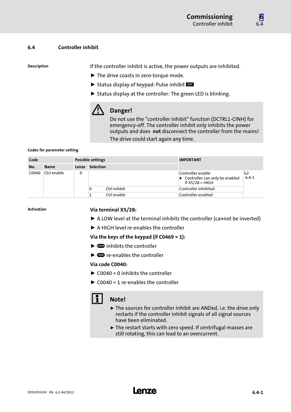 4 controller inhibit, Controller inhibit, Commissioning | Lenze EVF9333−xV User Manual | Page 181 / 508