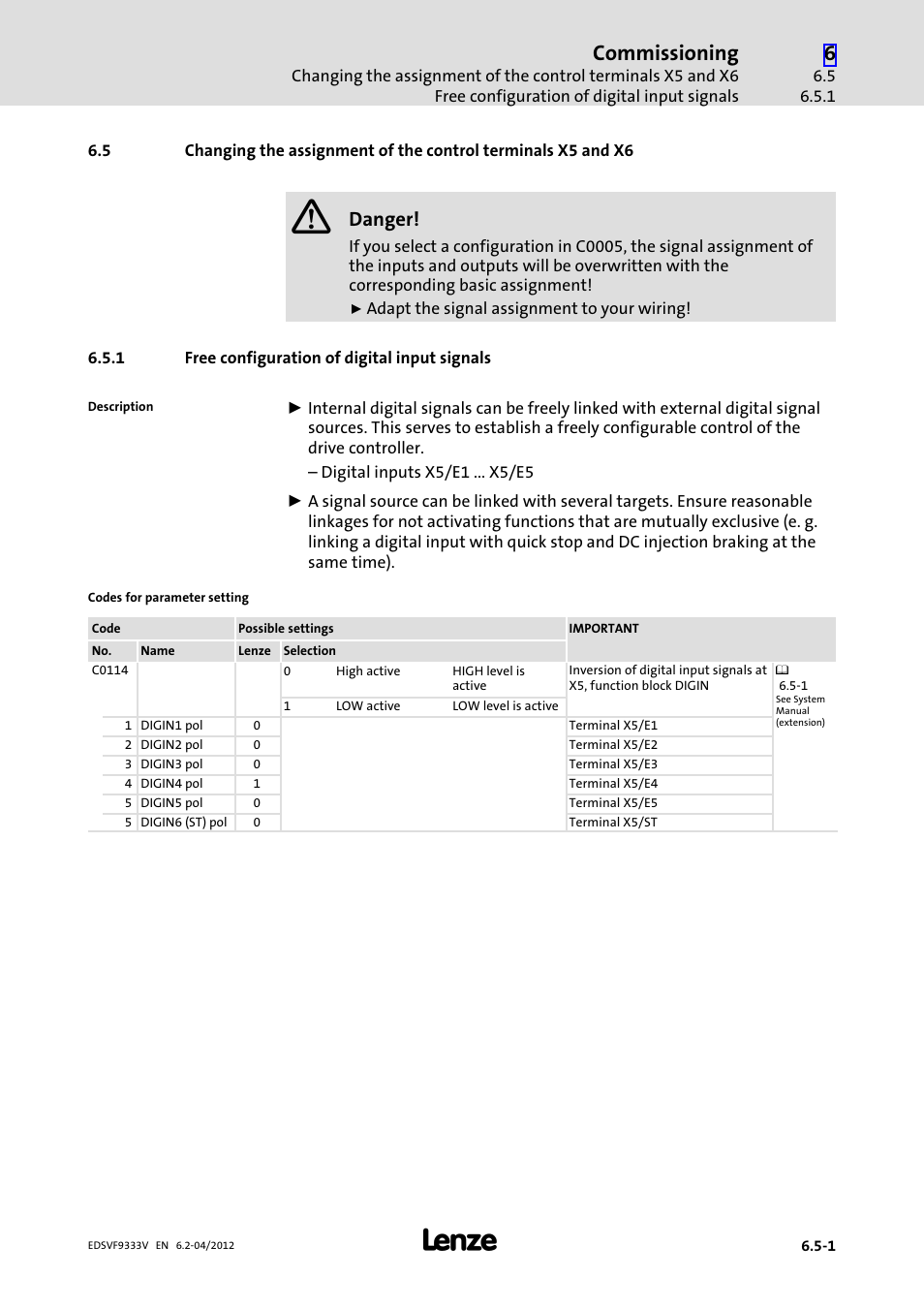 1 free configuration of digital input signals, Free configuration of digital input signals, Commissioning | Danger | Lenze EVF9333−xV User Manual | Page 183 / 508
