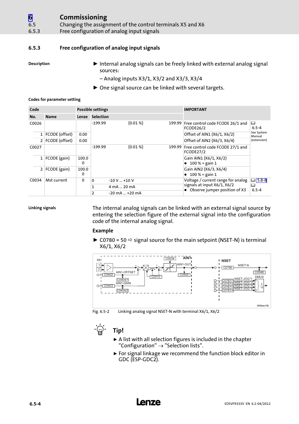 3 free configuration of analog input signals, Free configuration of analog input signals, Commissioning | Lenze EVF9333−xV User Manual | Page 186 / 508