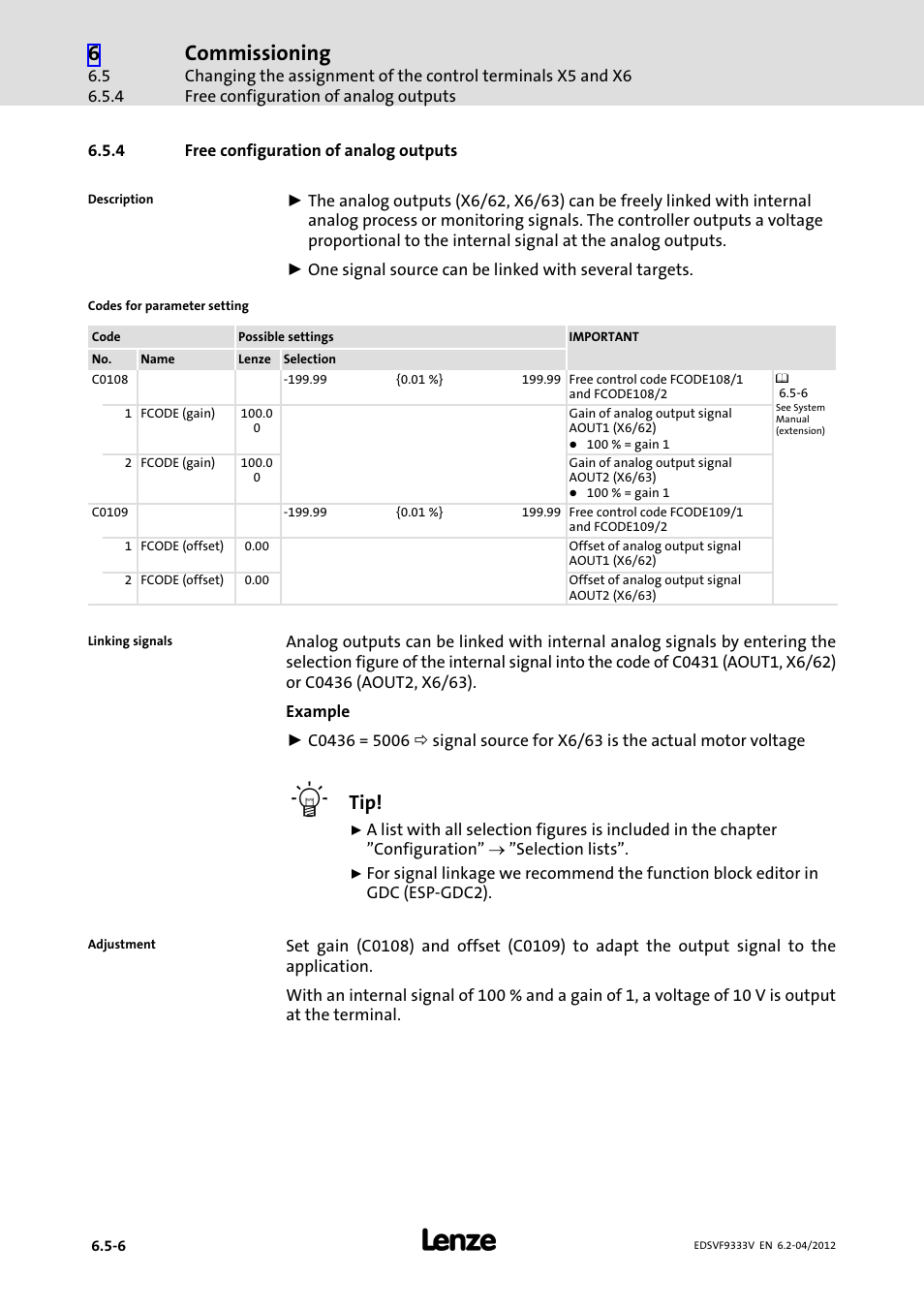 4 free configuration of analog outputs, Free configuration of analog outputs, Commissioning | Lenze EVF9333−xV User Manual | Page 188 / 508