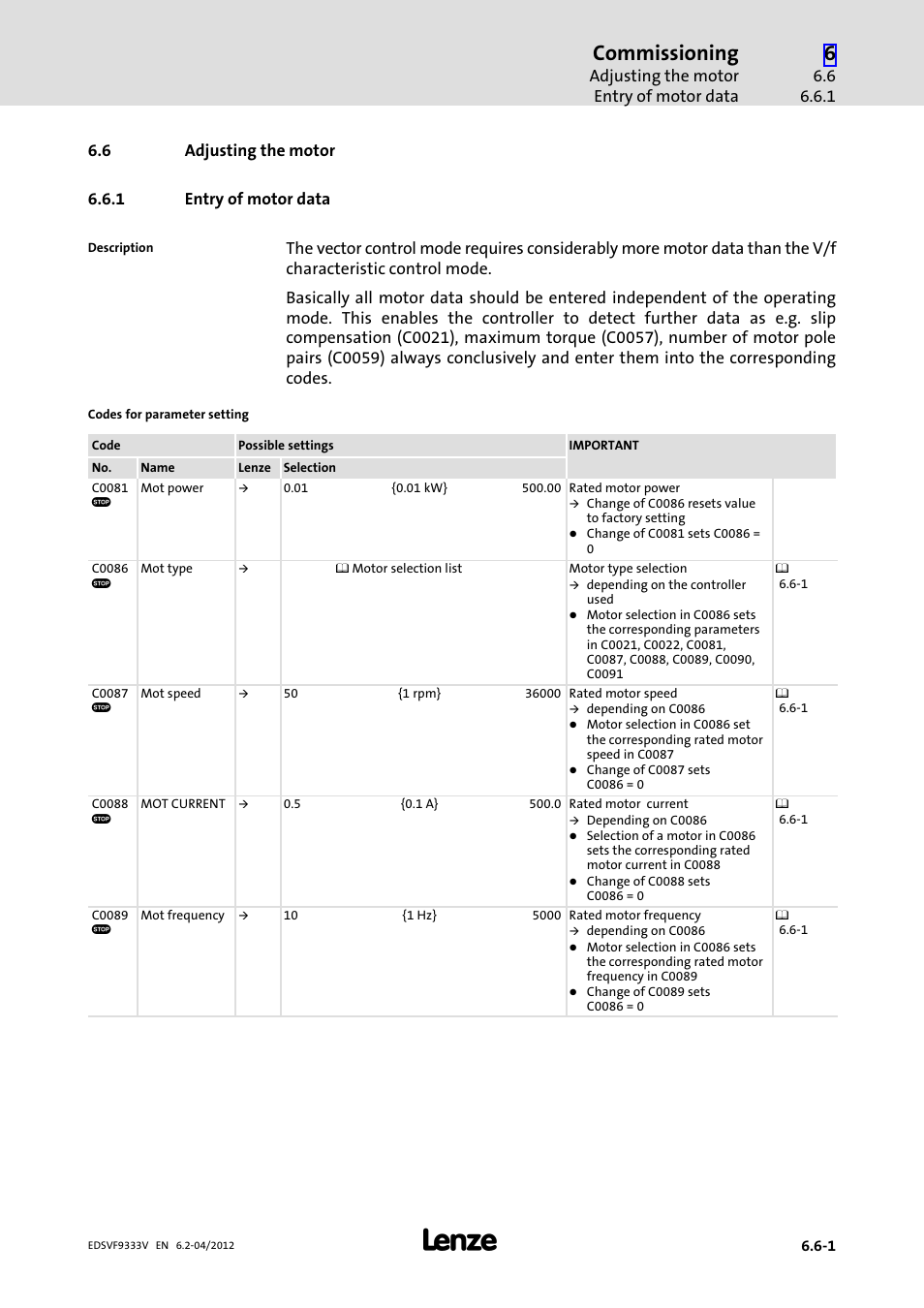 6 adjusting the motor, 1 entry of motor data entry of motor data, Adjusting the motor | Entry of motor data, Commissioning | Lenze EVF9333−xV User Manual | Page 189 / 508