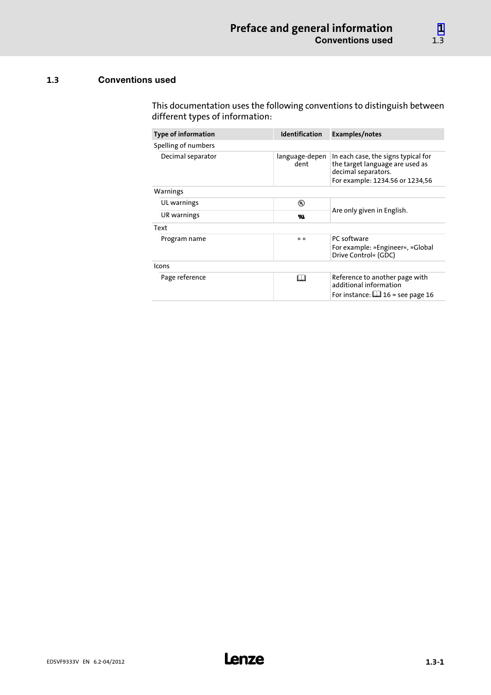 3 conventions used, Conventions used, Preface and general information | Lenze EVF9333−xV User Manual | Page 19 / 508