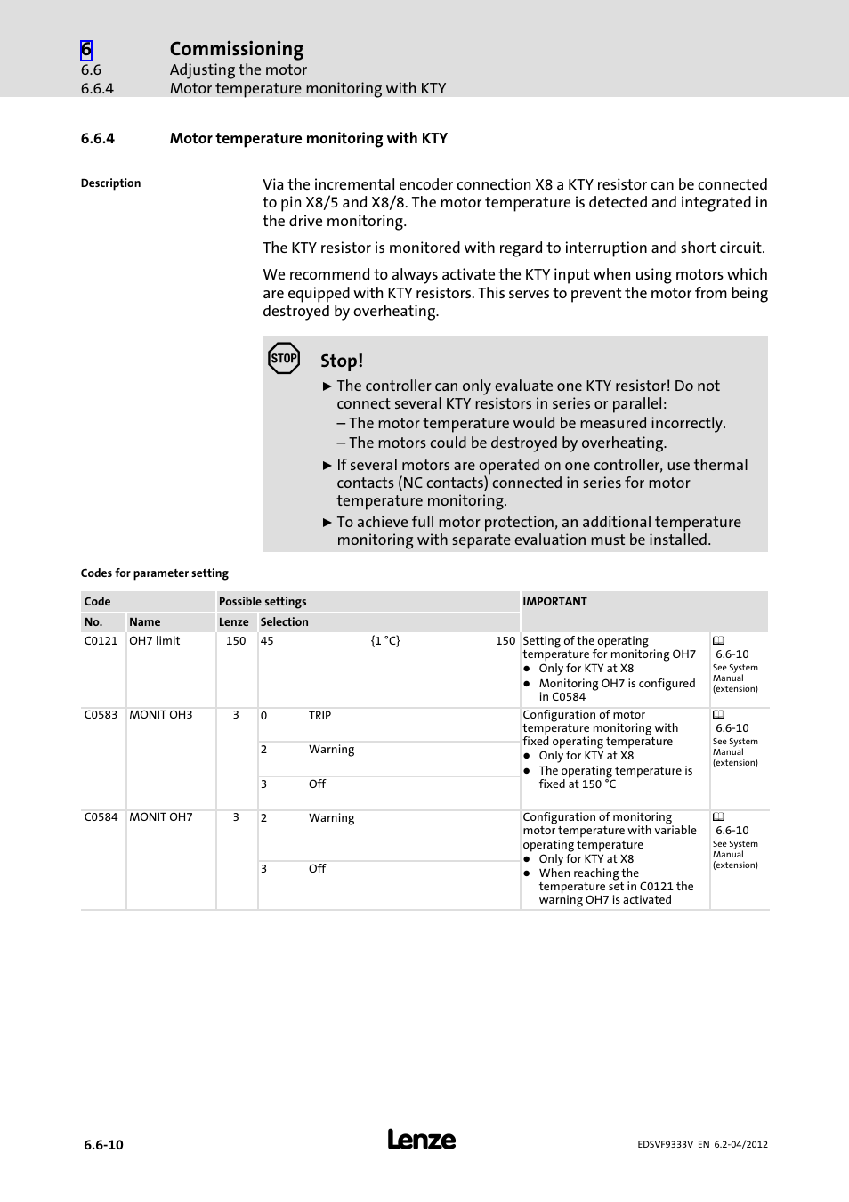 4 motor temperature monitoring with kty, Motor temperature monitoring with kty, Commissioning | Stop | Lenze EVF9333−xV User Manual | Page 198 / 508