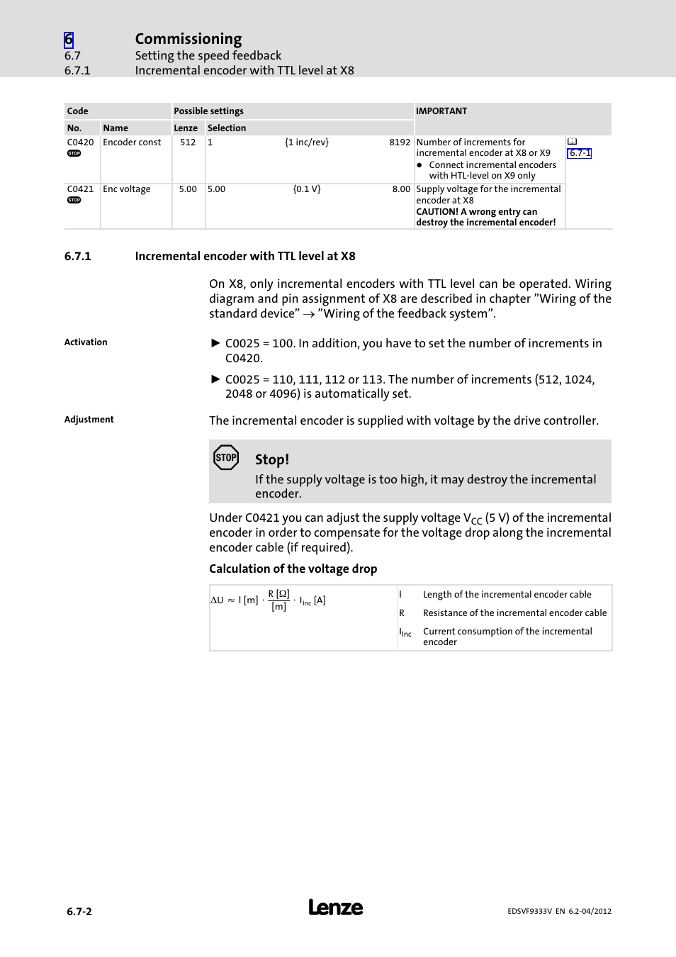 1 incremental encoder with ttl level at x8, Incremental encoder with ttl level at x8, Commissioning | Stop | Lenze EVF9333−xV User Manual | Page 208 / 508