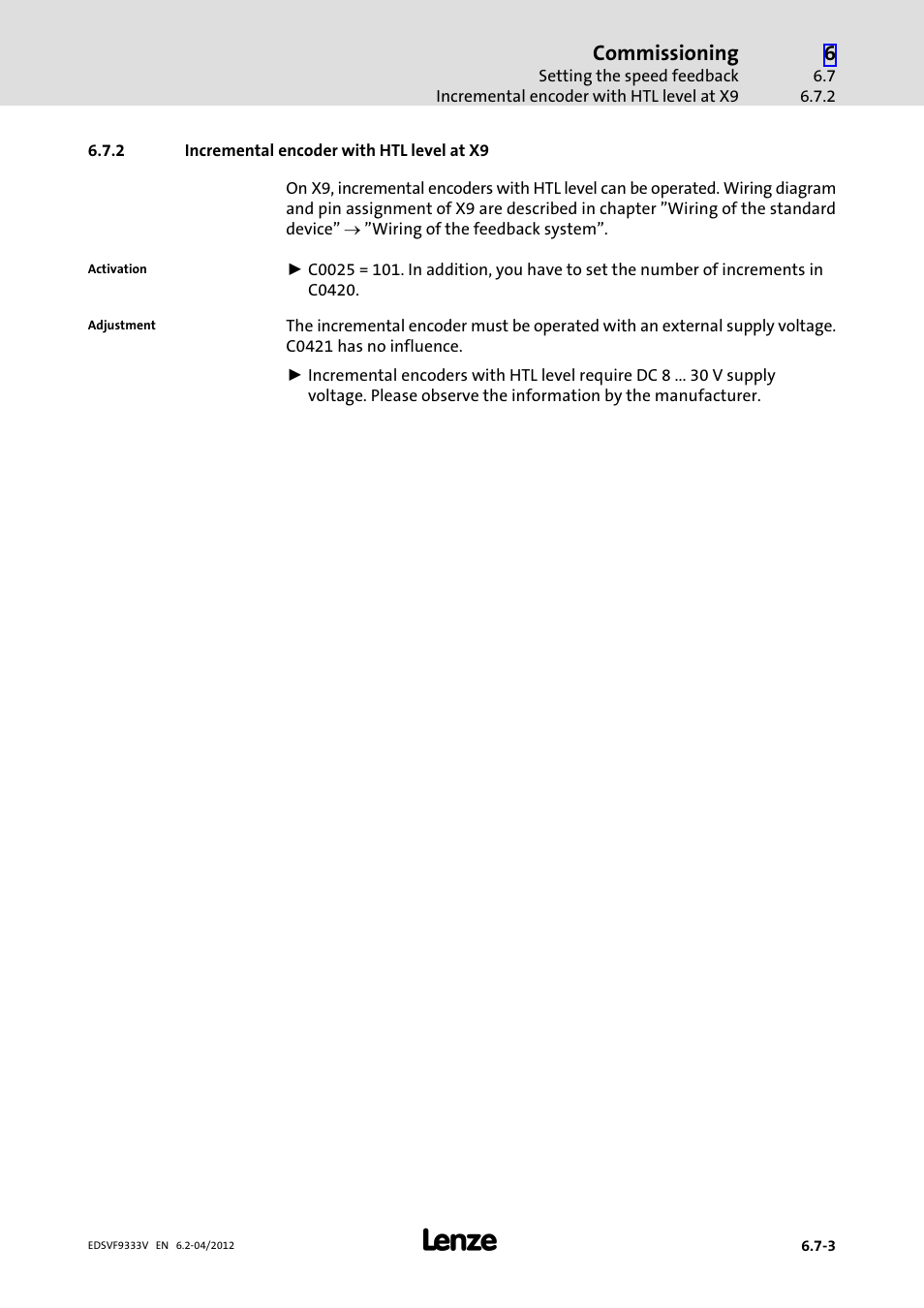 2 incremental encoder with htl level at x9, Incremental encoder with htl level at x9, Commissioning | Lenze EVF9333−xV User Manual | Page 209 / 508