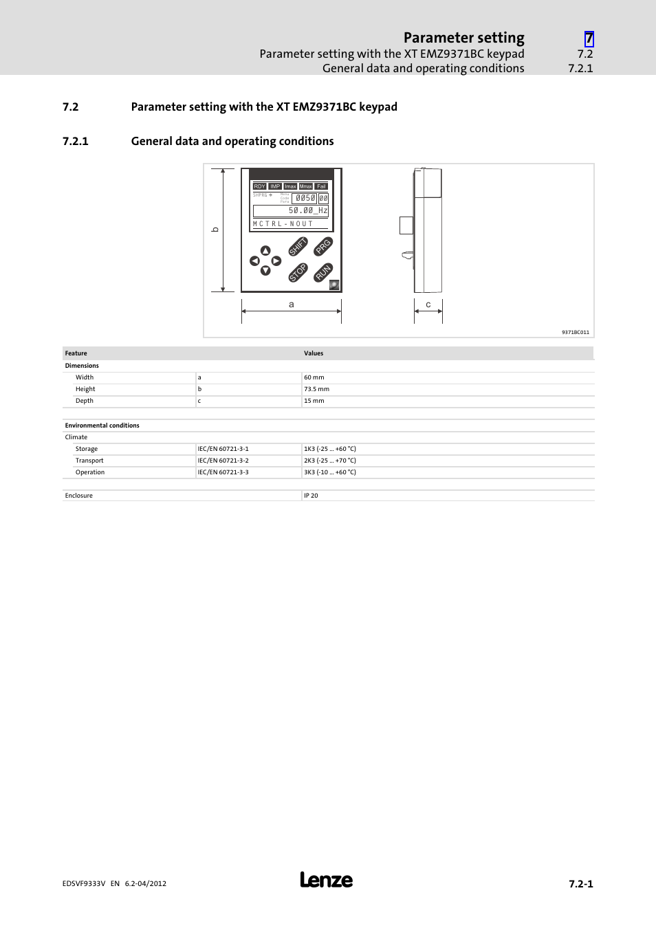 2 parameter setting with the xt emz9371bc keypad, 1 general data and operating conditions, Parameter setting with the xt emz9371bc keypad | General data and operating conditions, Parameter setting | Lenze EVF9333−xV User Manual | Page 247 / 508