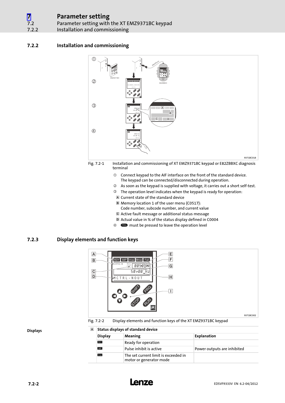 2 installation and commissioning, 3 display elements and function keys, Installation and commissioning | Display elements and function keys, Parameter setting, Da b b c, Pshprg para code menu, Para code menu | Lenze EVF9333−xV User Manual | Page 248 / 508