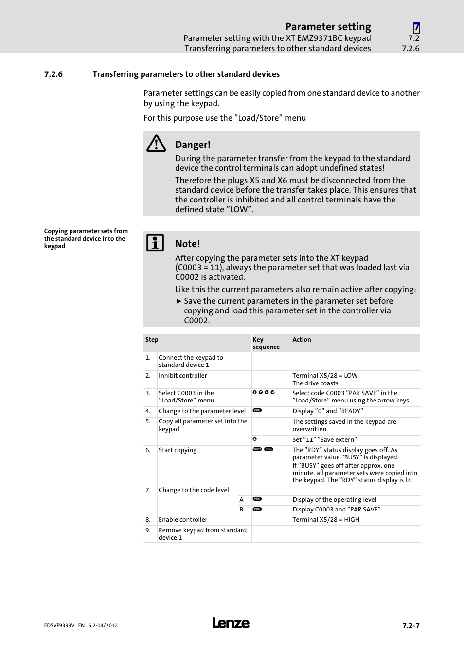 Transferring parameters to other standard devices, Parameter setting, Danger | Lenze EVF9333−xV User Manual | Page 253 / 508