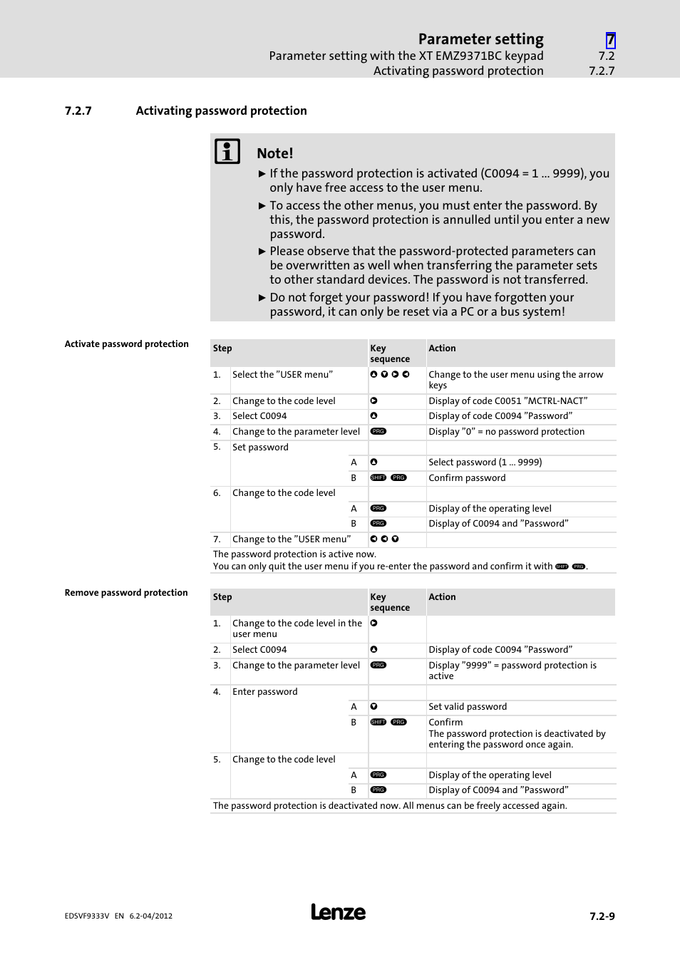 7 activating password protection, Activating password protection, Parameter setting | Lenze EVF9333−xV User Manual | Page 255 / 508
