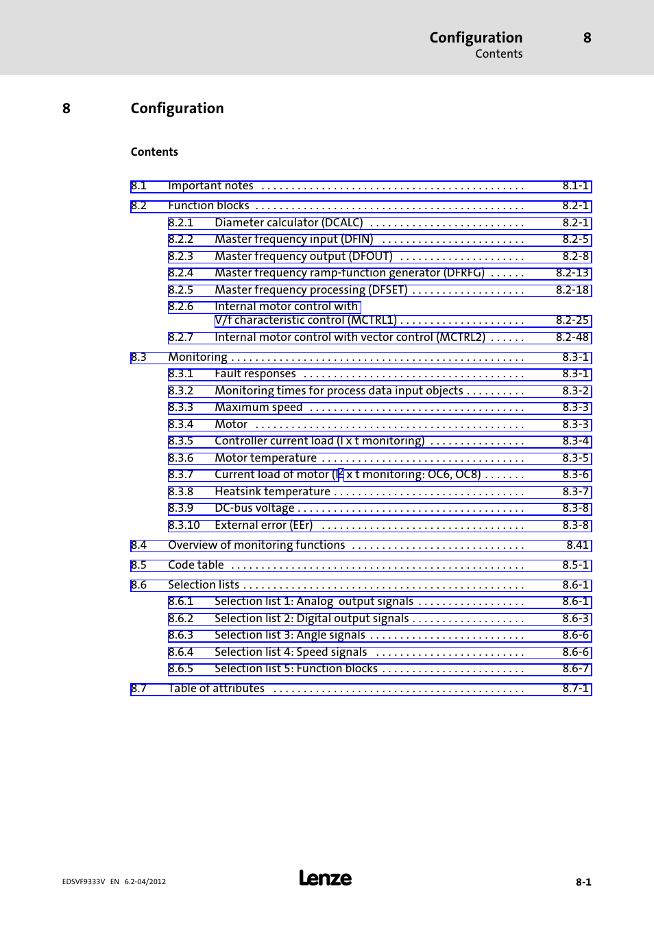 8 configuration, Configuration, 8configuration | Lenze EVF9333−xV User Manual | Page 259 / 508