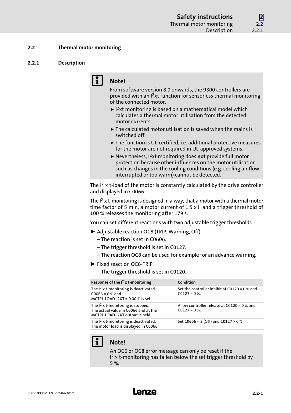 2 thermal motor monitoring, 1 description, Thermal motor monitoring | Description, Safety instructions | Lenze EVF9333−xV User Manual | Page 29 / 508