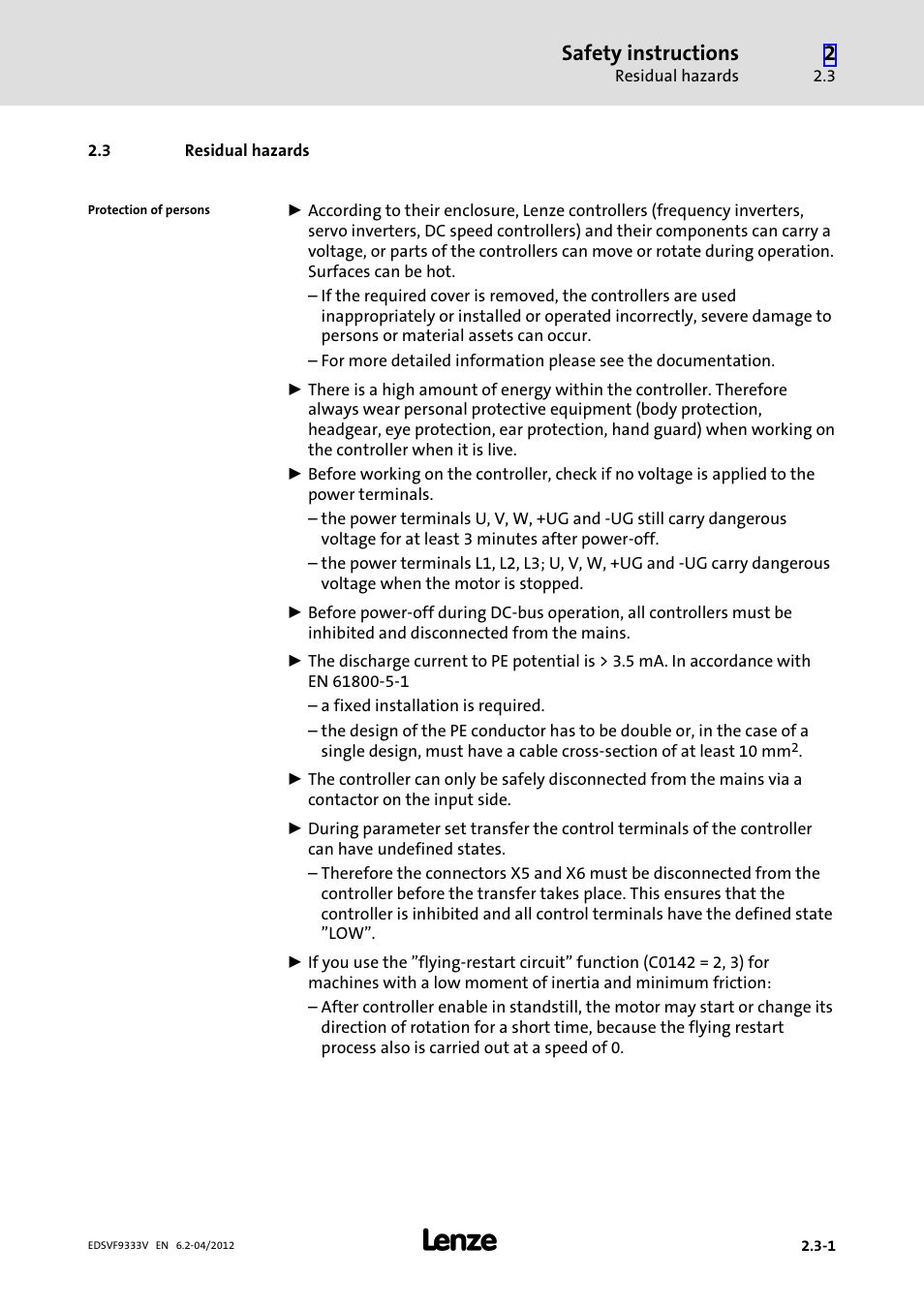 3 residual hazards, Residual hazards, Safety instructions | Lenze EVF9333−xV User Manual | Page 31 / 508