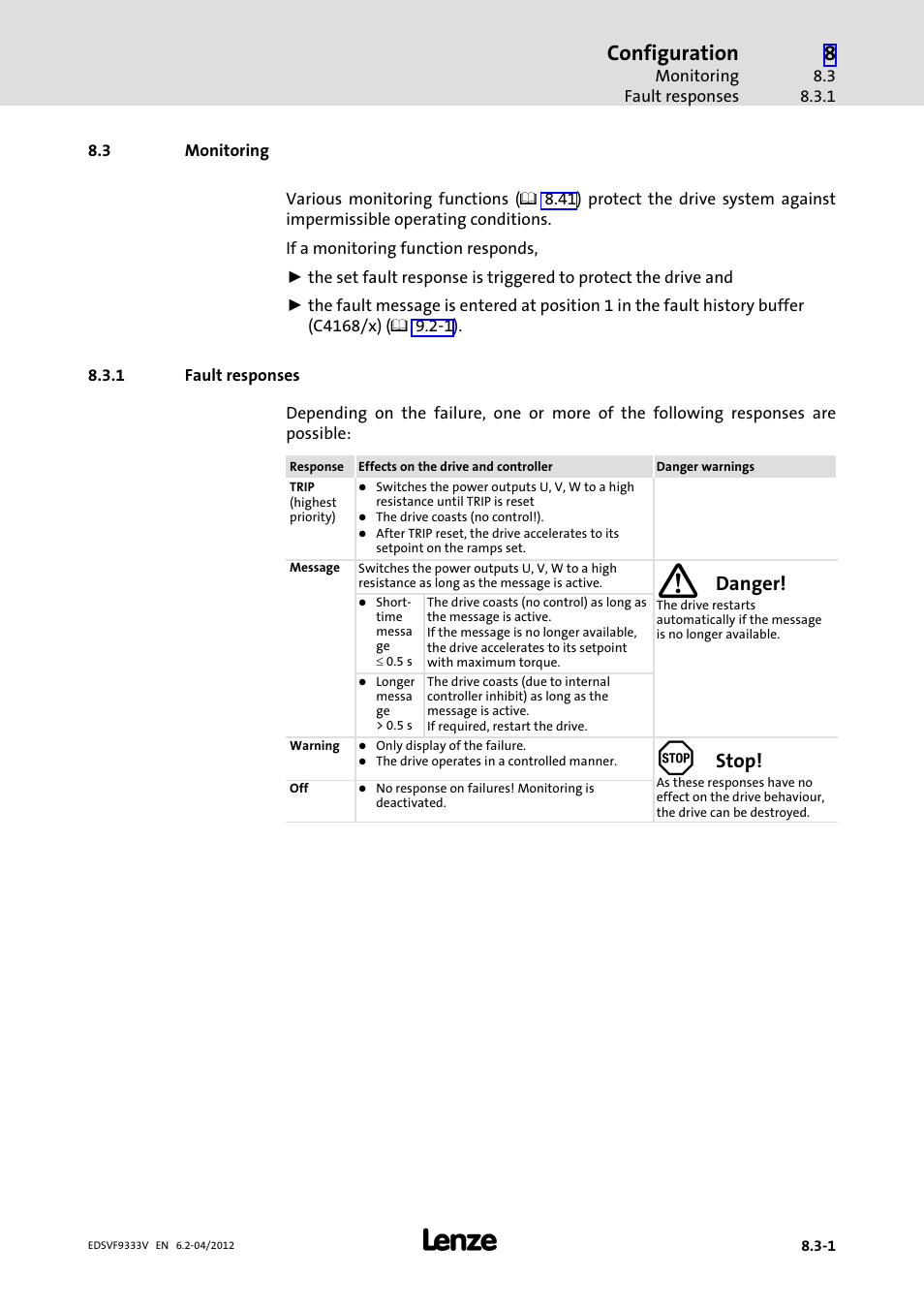 3 monitoring, 1 fault responses, Monitoring | Fault responses, Configuration, Danger, Stop | Lenze EVF9333−xV User Manual | Page 339 / 508