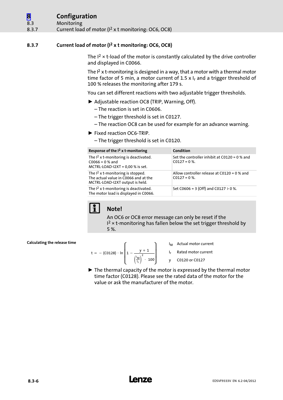 Current load of motor (i, X t monitoring: oc6, oc8), Ȧȡ ȣ | Ȧȣ ȥ, Configuration | Lenze EVF9333−xV User Manual | Page 344 / 508