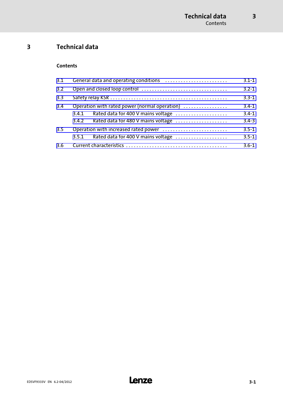3 technical data, Technical data, 3technical data | Lenze EVF9333−xV User Manual | Page 35 / 508