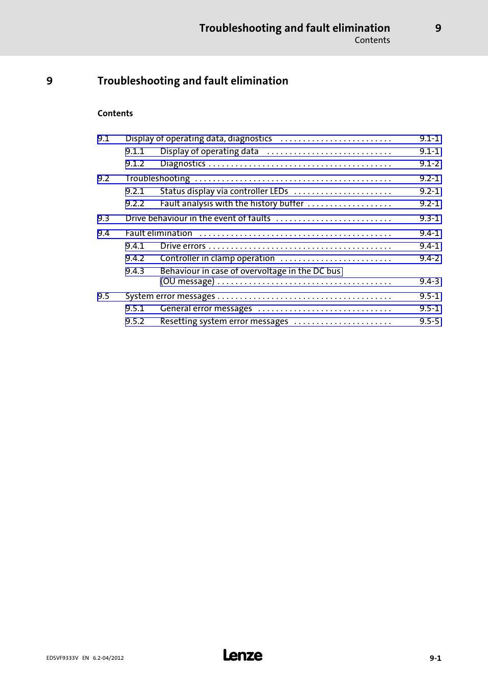 9 troubleshooting and fault elimination, Troubleshooting and fault elimination, 9troubleshooting and fault elimination | Lenze EVF9333−xV User Manual | Page 443 / 508