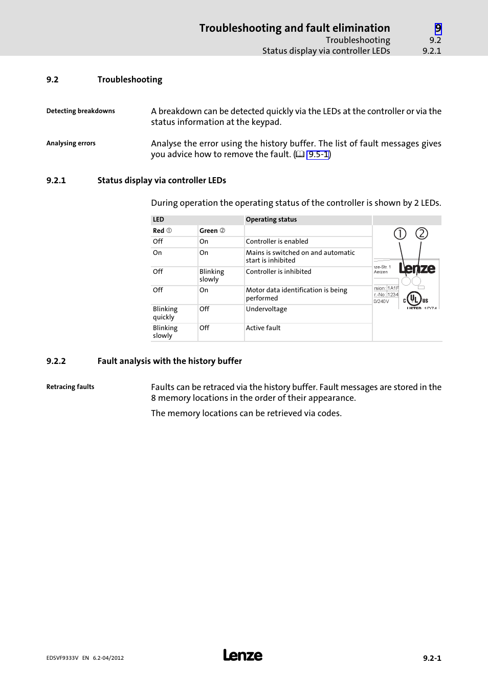2 troubleshooting, 1 status display via controller leds, 2 fault analysis with the history buffer | Troubleshooting, Status display via controller leds, Fault analysis with the history buffer, Troubleshooting and fault elimination | Lenze EVF9333−xV User Manual | Page 447 / 508