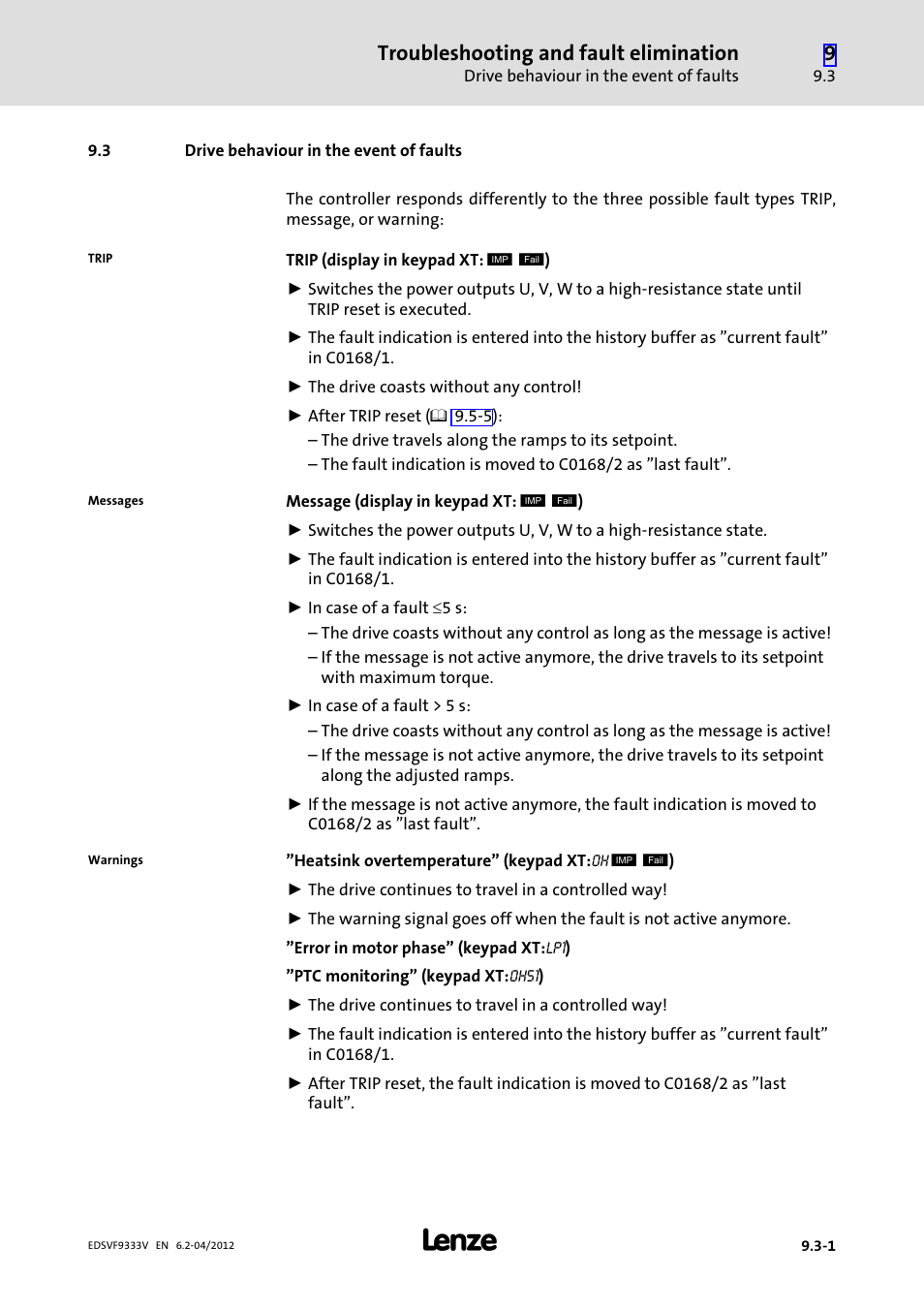 3 drive behaviour in the event of faults, Drive behaviour in the event of faults, Troubleshooting and fault elimination | Lenze EVF9333−xV User Manual | Page 449 / 508