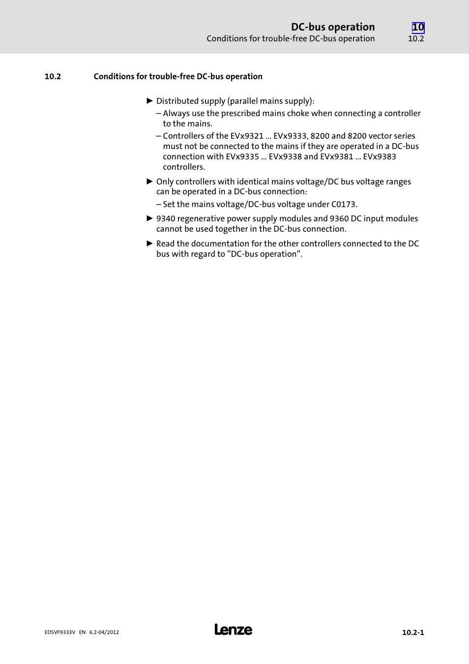 2 conditions for trouble-free dc-bus operation, Conditions for trouble−free dc−bus operation | Lenze EVF9333−xV User Manual | Page 465 / 508